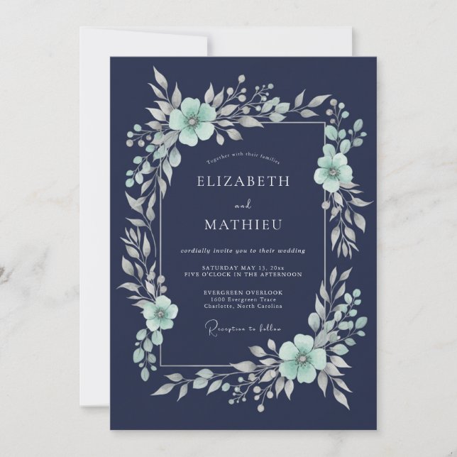 Invitación Boda de invierno azul marino pulido (Anverso)