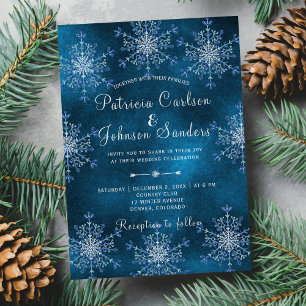 Invitación Boda de invierno azul marino rústico con copos de