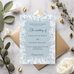 Invitación Boda de invierno azul polvoriento con copos de nie