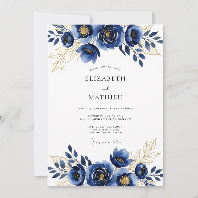 Invitación Boda de invierno azul real dorada (Anverso)