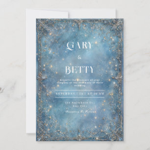 Invitación Boda de Invierno Barroca de Plata Dorada y Azul Ce