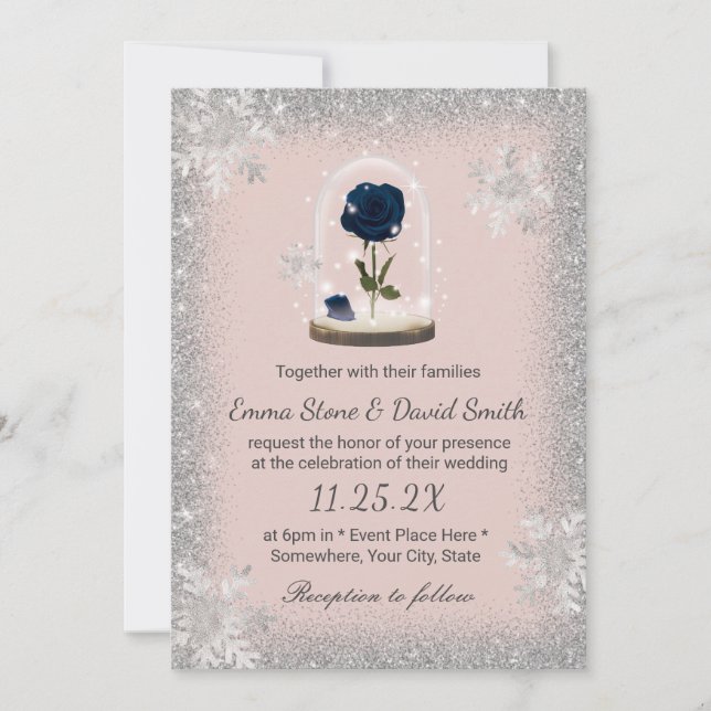 Invitación Boda de invierno Belleza Azul Rosa Domo Rubor Rosa (Anverso)