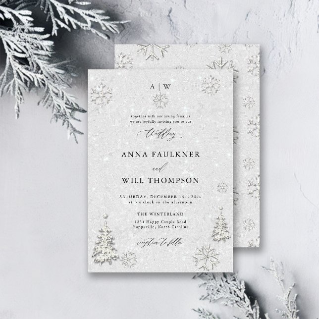 Invitación Boda de invierno Boda de Pino Blanco Negro Maravil (winter wedding invitation white wonderland christmas pine tree glitter black white snow flakes)