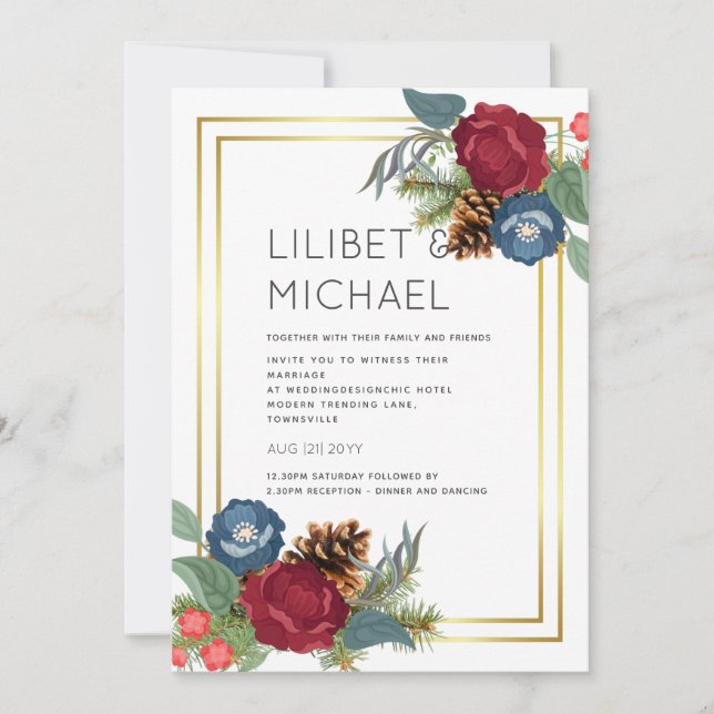 Invitación Boda de invierno Borgoña Azul Verde azulado Modern (Anverso)