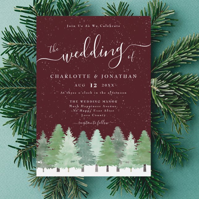 Invitación Boda de invierno borgoña en bosque moderno de arbo (Elegant woodland forest burgundy winter wedding invitation )