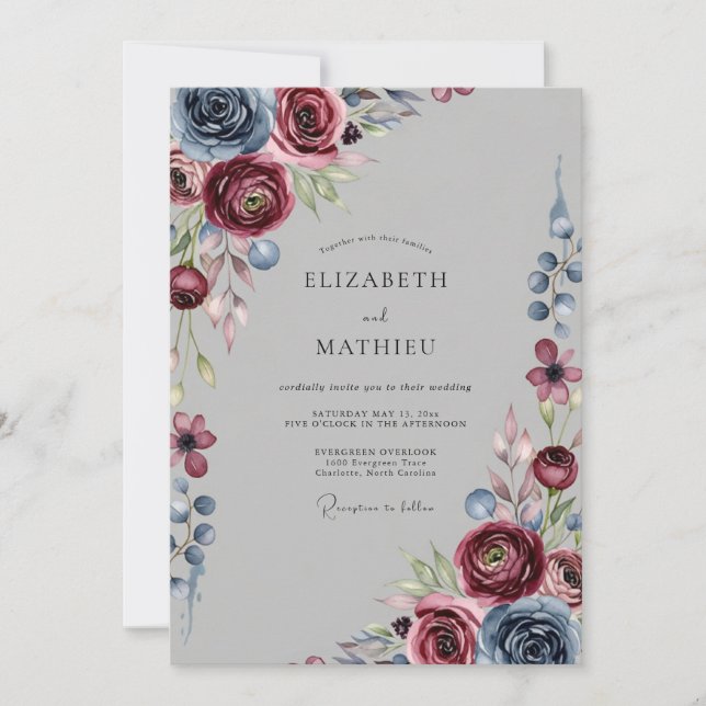 Invitación Boda de invierno borgoña melancólica (Anverso)