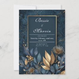 Invitación Boda de invierno botánica con mármol azul naval do