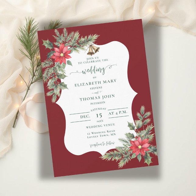 Invitación Boda de invierno botánico rústico en burgundy verd (winter wedding invitation christmas greenery floral poinsettia watercolor burgundy elegant rustic)