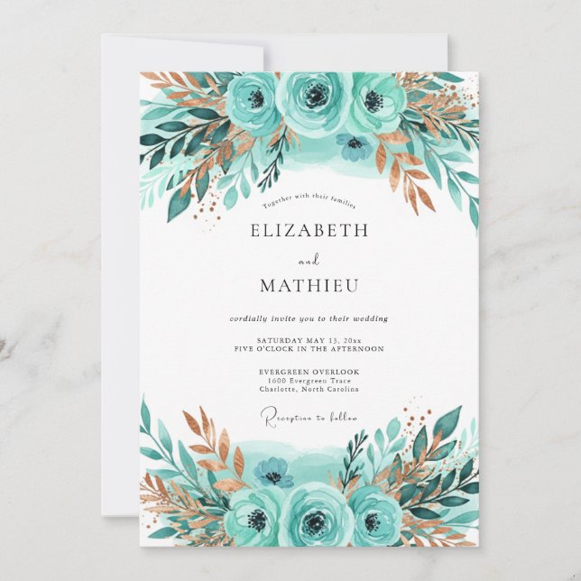Invitación Boda de Invierno Bronce Teal Lustroso (Anverso)