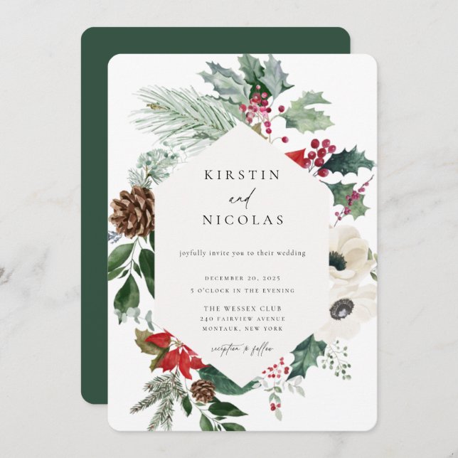 Invitación Boda de invierno chic botánico de Navidad (Anverso / Reverso)
