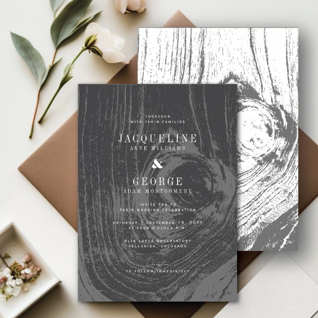 Invitación Boda de invierno clásica moderna rústica con textu (Black/White Classic Modern Rustic Woodgrain Winter Wedding Invitation @ fatfatin_blue_knot)