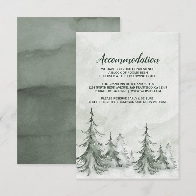 Invitación Boda de invierno con abetos acuarela (Anverso / Reverso)