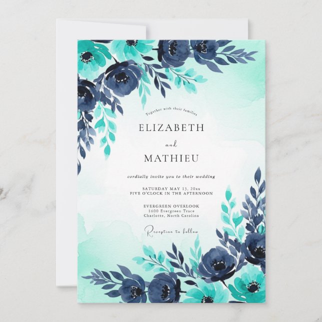 Invitación Boda de invierno con acuarela azul turquesa (Anverso)