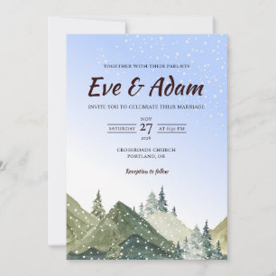 Invitación Boda de invierno con acuarela de montaña alpina es