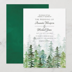 Invitación Boda de invierno con árboles de pino acuarela