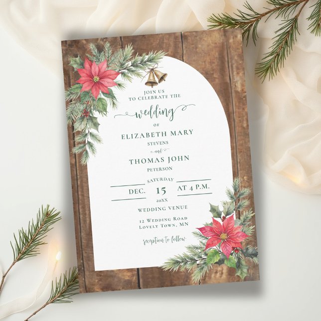 Invitación Boda de invierno con arco de madera rústica de gra (winter wedding invitation rustic wood greenery floral poinsettia christmas green red elegant )