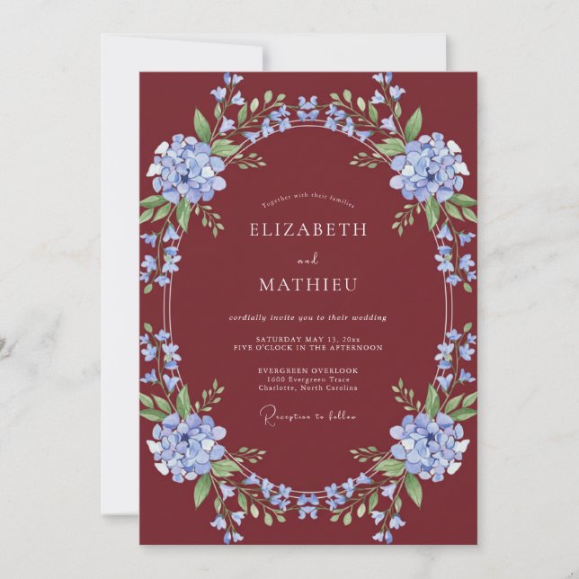 Invitación Boda de invierno con borgoña y pervinca (Anverso)
