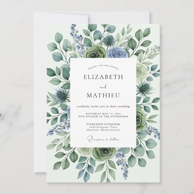 Invitación Boda de invierno con cardo verde salvia (Anverso)