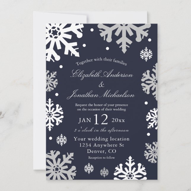 Invitación Boda de invierno con copas de nieve azul de la mar (Anverso)