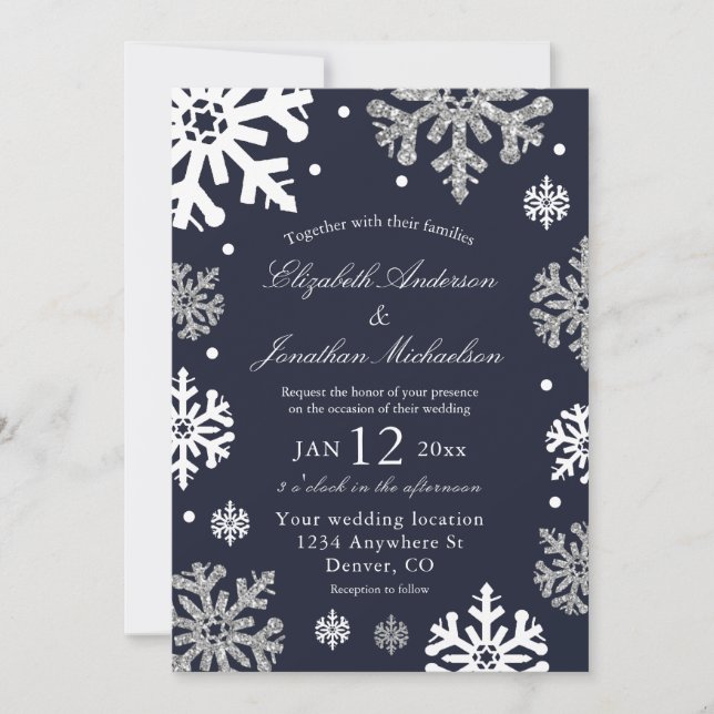 Invitación Boda de invierno con copas de nieve azul de la mar (Anverso)