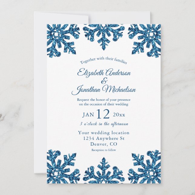 Invitación Boda de invierno con copo de nieve azul (Anverso)