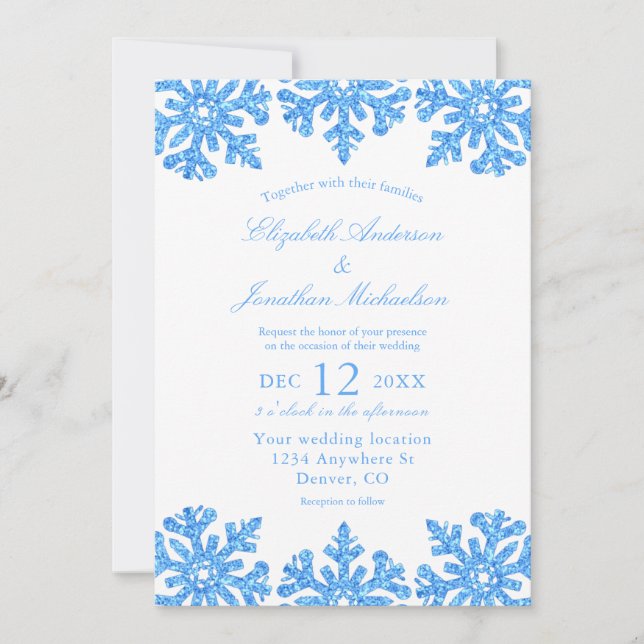 Invitación Boda de invierno con copo de nieve azul (Anverso)
