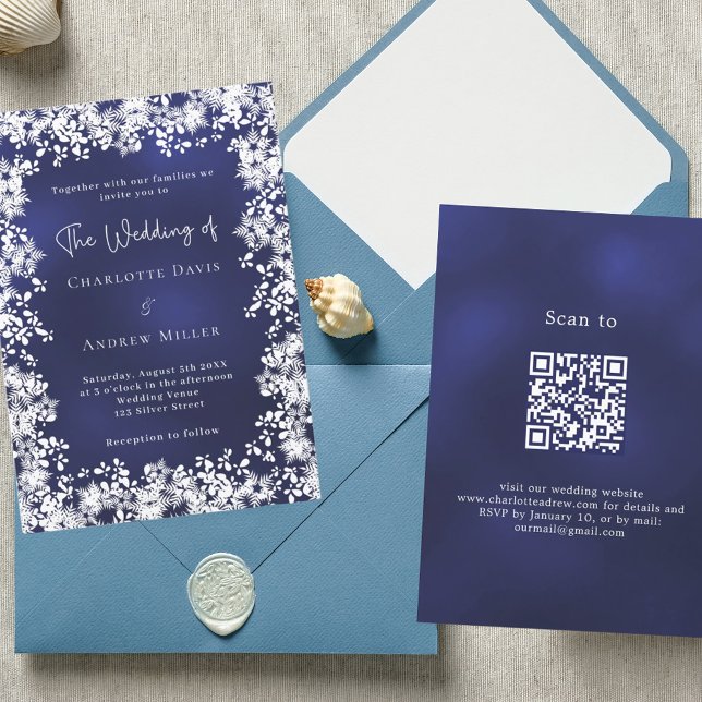 Invitación Boda de invierno con copos de nieve azul marina có (Subido por el creador)