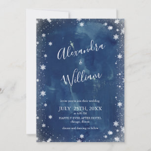 Invitación Boda de invierno con copos de nieve azul marino ac