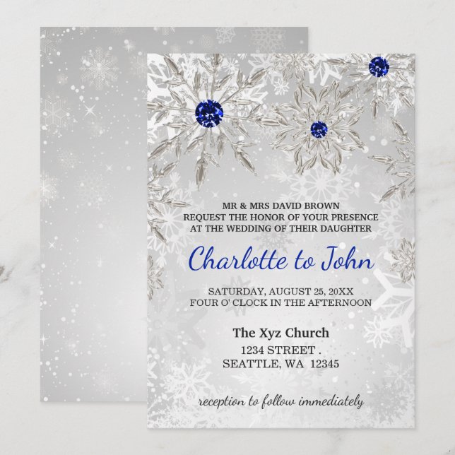 Invitación boda de invierno con copos de nieve azul real de p (Anverso / Reverso)