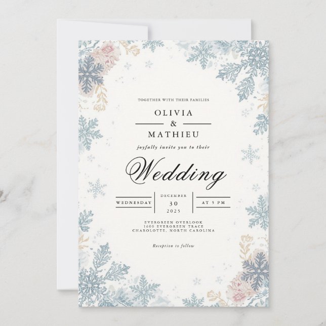 Invitación Boda de invierno con copos de nieve azules y escar (Anverso)