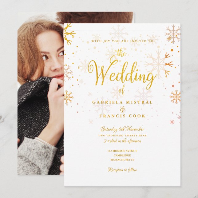 Invitación Boda de invierno con copos de nieve de oro (Anverso / Reverso)