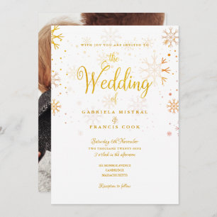 Invitación Boda de invierno con copos de nieve de oro