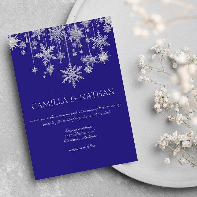 Invitación Boda de invierno con copos de nieve de plata morad (Purple silver snowflake winter wonderland Wedding )