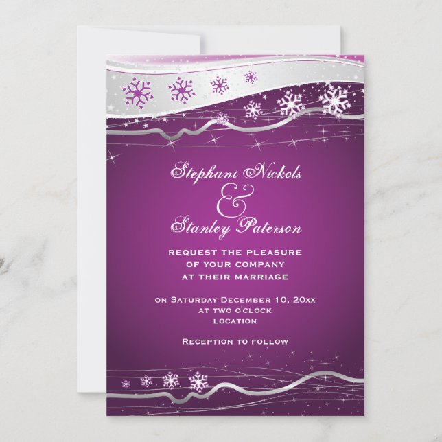 Invitación Boda de invierno con copos de nieve gris morado (Anverso)