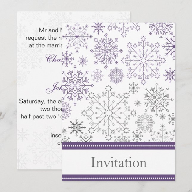 Invitación boda de invierno con copos de nieve púrpura (Anverso / Reverso)