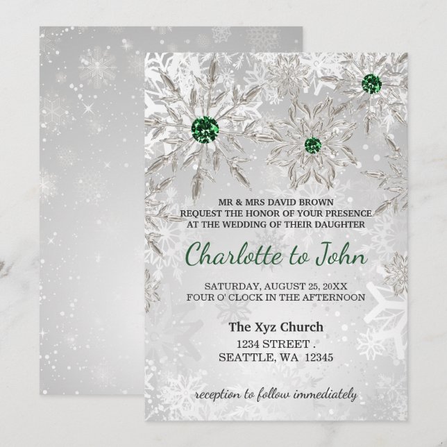 Invitación boda de invierno con copos de nieve verde esmerald (Anverso / Reverso)