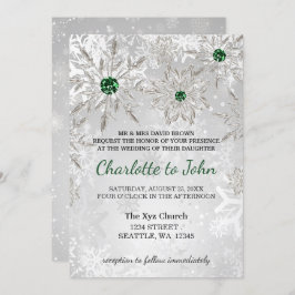 Invitación boda de invierno con copos de nieve verde esmerald
