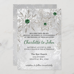 Invitación boda de invierno con copos de nieve verde esmerald