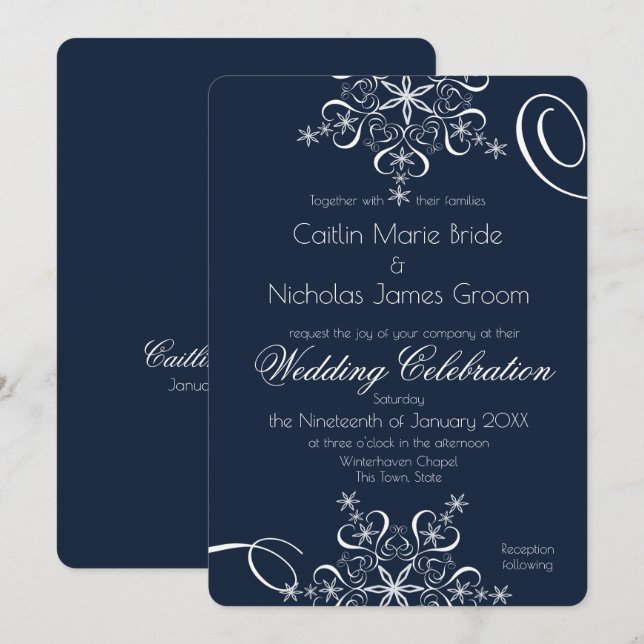 Invitación Boda de invierno con elegancia azul de la marina d (Anverso / Reverso)