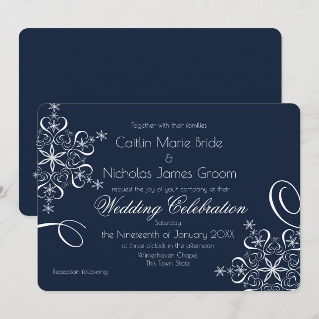 Invitación Boda de invierno con elegancia azul de la marina d (Anverso / Reverso)