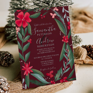 Invitación Boda de invierno con estampado floral verde rojo
