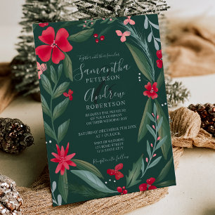 Invitación Boda de invierno con estampado floral verde rojo