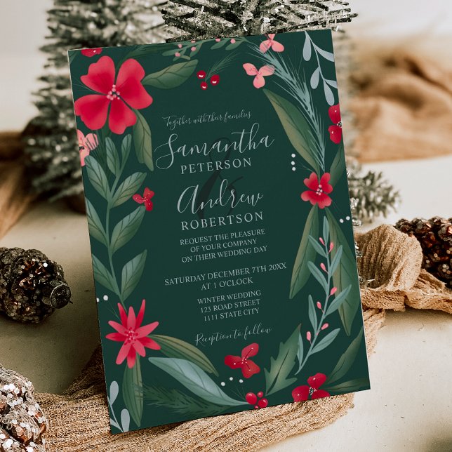 Invitación Boda de invierno con estampado floral verde rojo (Red green floral wreath pattern winter wedding invitation)