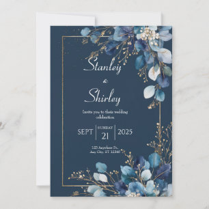 Invitación Boda de Invierno con Eucalipto Azul Marino y Dorad