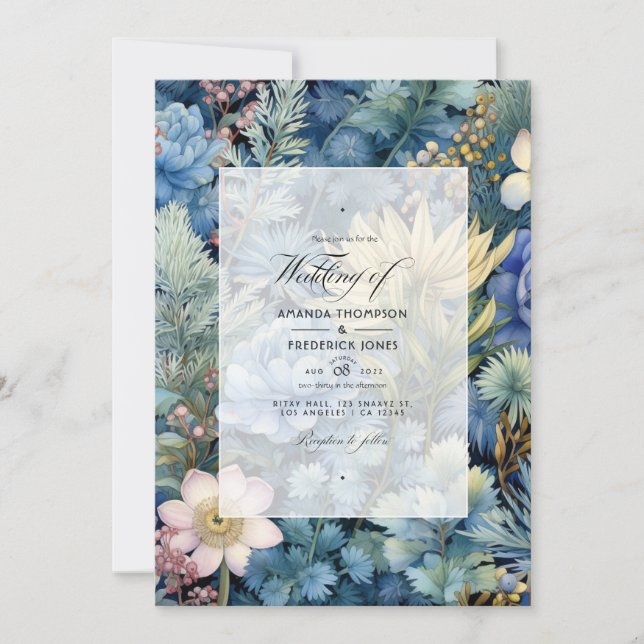 Invitación Boda de invierno con flores azules de pino, bronce (Anverso)