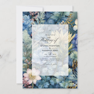 Invitación Boda de invierno con flores azules de pino, bronce