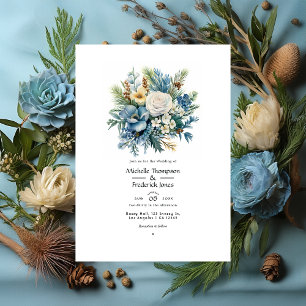 Invitación Boda de invierno con flores azules de pino, bronce