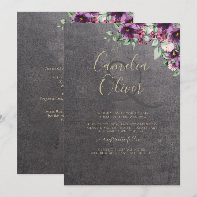 Invitación Boda de invierno con flores de Berry gris plateado (Anverso / Reverso)
