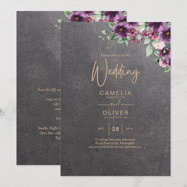 Invitación Boda de invierno con flores de Berry gris plateado (Anverso / Reverso)