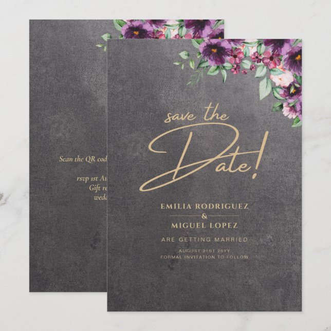 Invitación Boda de invierno con flores de Berry gris plateado (Anverso / Reverso)